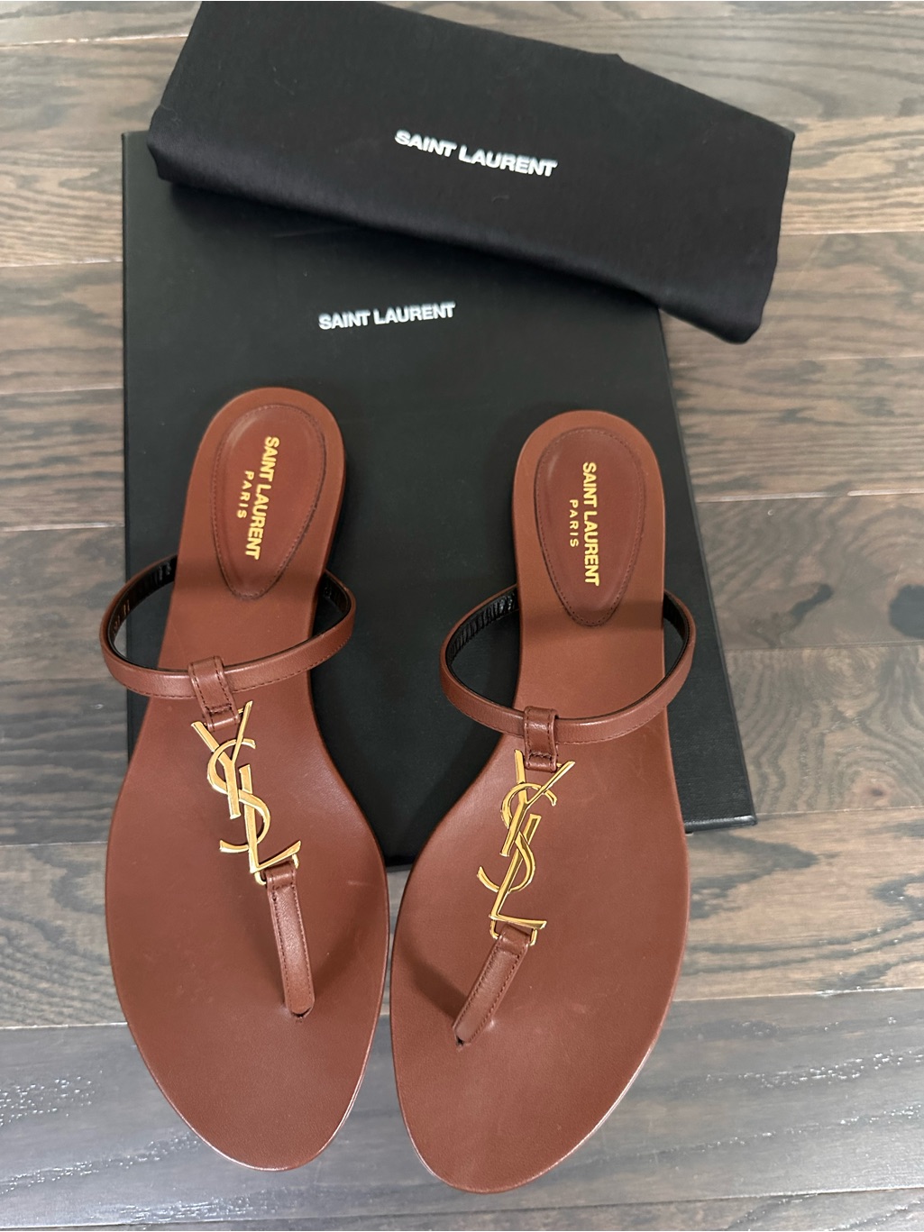 Saint Laurent Brown Leather Ysl Thong Sandals With Gold Logo